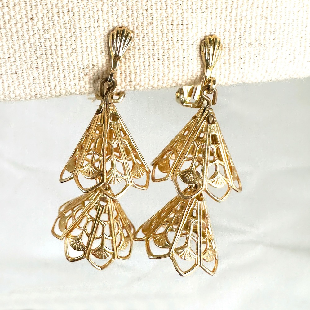 Vintage Gold Tone Two Tier Filigree Fan Clip On Earrings Signed